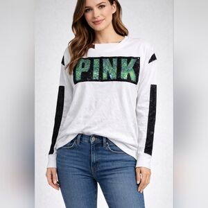 PINK Victoria's Secret White Long-Sleeve Tee with Green Sequin Logo